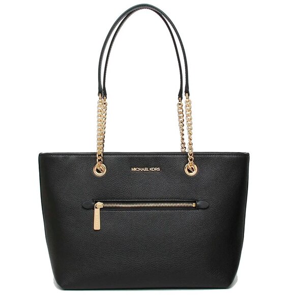 S Michael Kors Medium Front Zip Chain Tote Black Leather 35F2GTTT2L NWT $448 - Picture 1 of 13